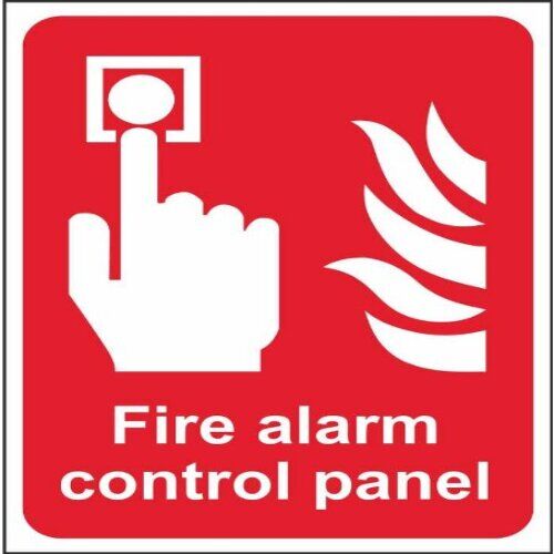 Red "Fire Alarm Control Panel" sign in a modern Lagos office building.